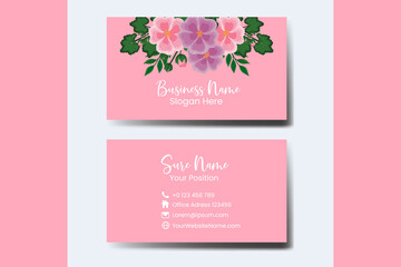 Business Card Template Hollyhocks Flower .Double-sided Blue Colors. Flat Design Vector Illustration. Stationery Design