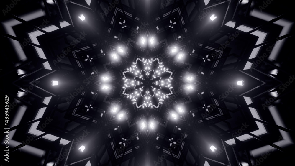 Poster 3d rendering of a futuristic background with geometric shapes and black and white glowing lights