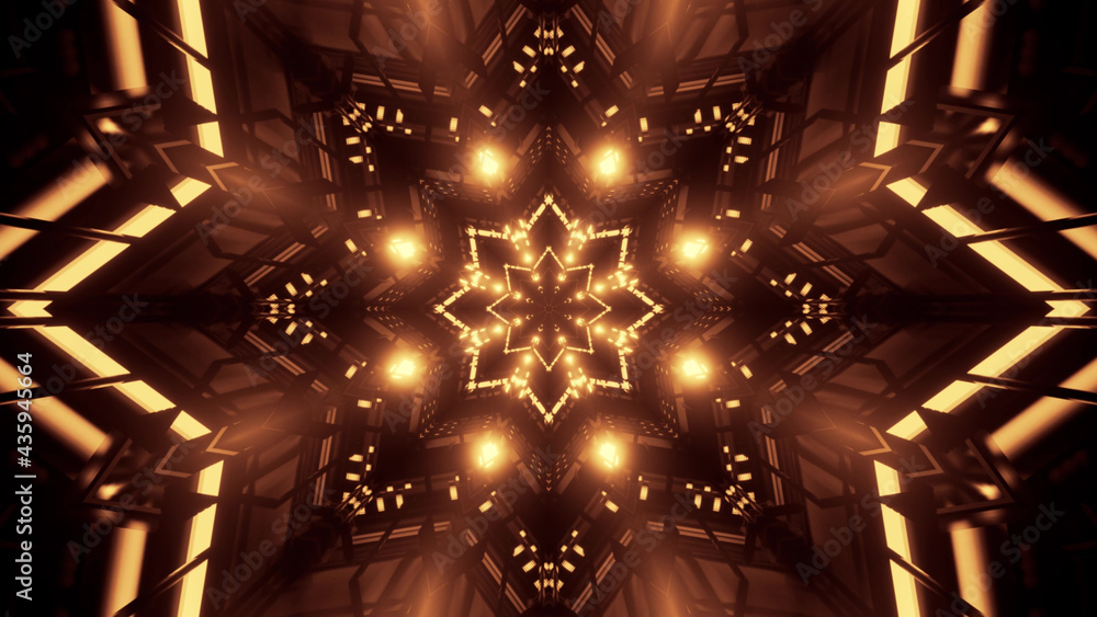 Poster 3d rendering of a futuristic background with geometric shapes and brown glowing neon lights