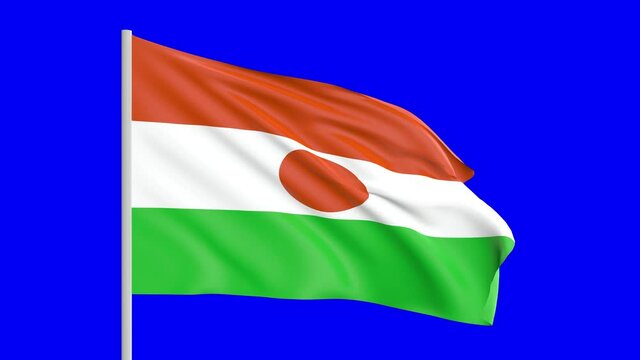 National Flag Of Niger Waving In The Wind on Blue Screen With Alpha Matte
