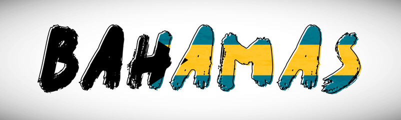 Bahamas flag on text typography. Country name banner strip. Creative typography background