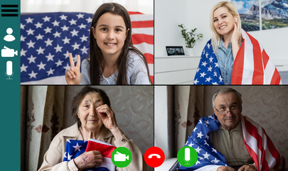 Online party with loved ones from USA. Celebrating video chat. Virtual party via video messenger. Americans are video chatting.