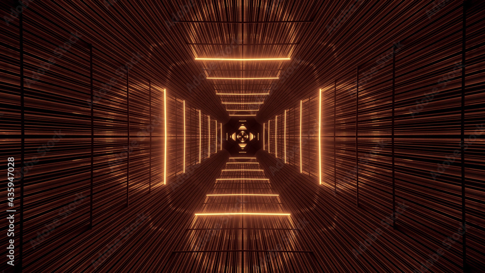 Poster 3d rendering of a futuristic background with geometric shapes and brown glowing neon lights