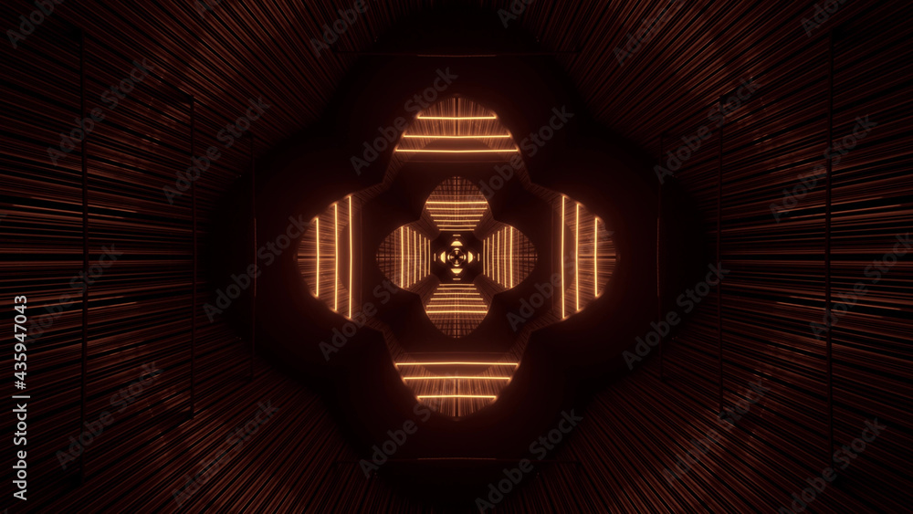 Poster 3d rendering of a futuristic background with geometric shapes and brown glowing neon lights