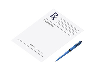 Prescription pad, rx medical form. Realistic paper document template of doctor's prescription with pen. An example of a recipe for design. Medical marks report, healthcare concept. Vector illustration