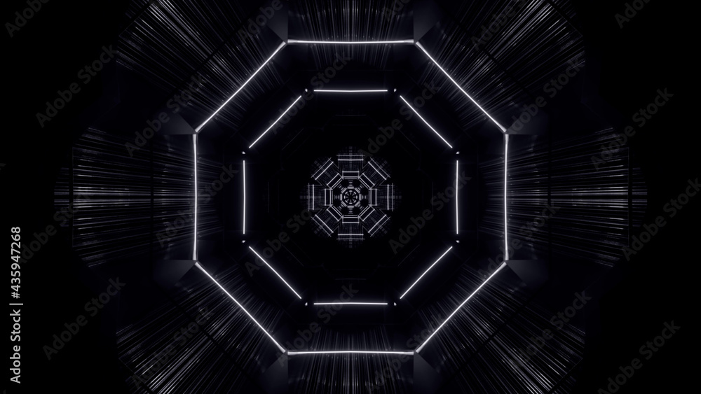 Poster 3d rendering of a futuristic background with geometric shapes and black and white glowing lights