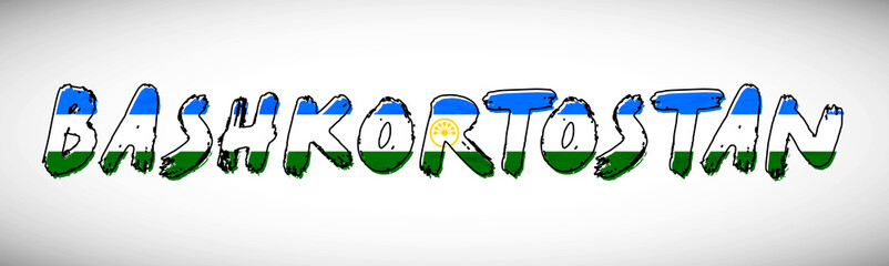 Bashkortostan flag on text typography. Country name banner strip. Creative typography background