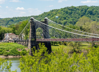 Stone structure of the old suspension bridge carrying the National Road across the Ohio river in...