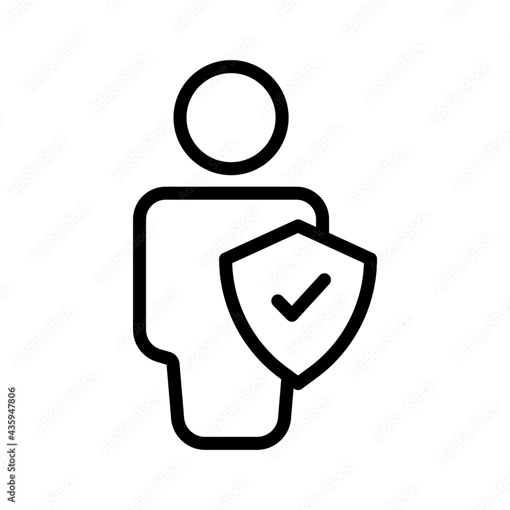 Poster people line icon with shield and mark. business symbol. simple illustration. editable stroke. design