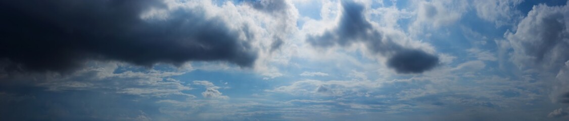 Fototapeta premium Panorama blue sky background with storm and tiny clouds