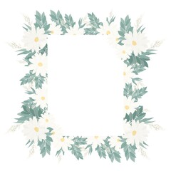 Obraz premium Postcard with flowers and leaves. Design concept for cards, labels and wedding invitations. Bouquets of flowers and golden round frame. Vector decorative isolated postcard.