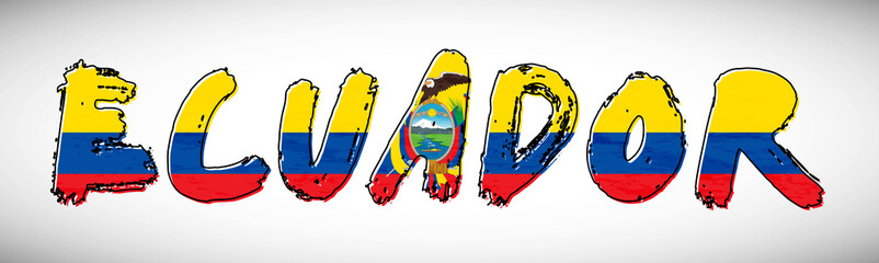 Ecuador flag on text typography. Country name banner strip. Creative typography background - obrazy, fototapety, plakaty