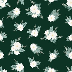 Seamless pattern. Set of bouquets of beautiful spring flowers. White flowers, leaves and branches. Flat isolated vector illustration.