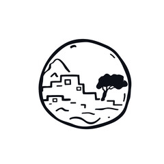 Collectible panel stamp of the ancient landscape Coin home house doodle logo icon sign Hand drawn sketch design Cartoon children's style Fashion print clothes apparel greeting invitation card flyer