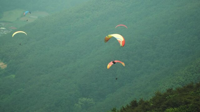Group of Paragliders flying around in the air on green mountains background