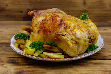 Baked whole chicken with potato on a wooden table