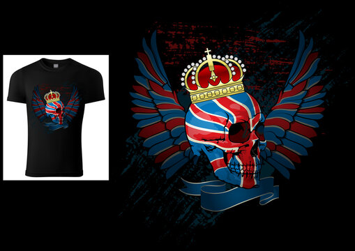 T-shirt Design with a Skull Painted with UK Flag - Colored Patriotic Illustration with Wings and Grunge Effect Isolated on Black Background, Vector