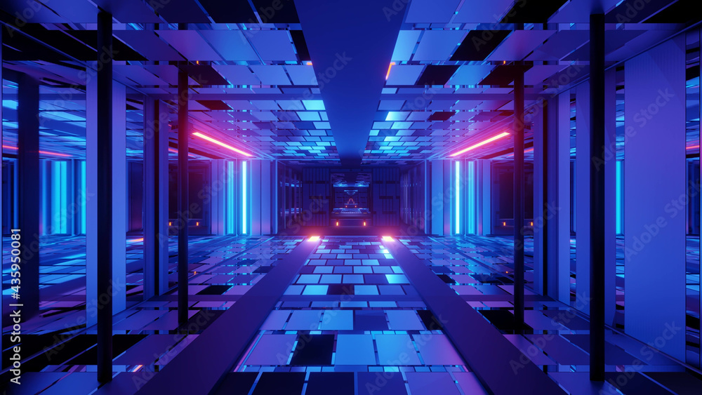 Poster 3d rendering of a futuristic background with geometric shapes and glowing neon lights