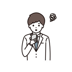 困った顔でスマートフォンを操作する男性薬剤師