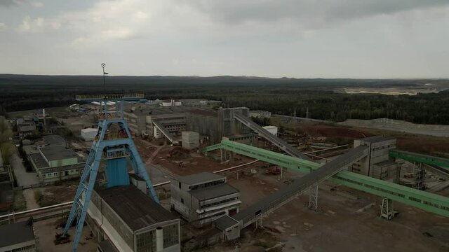 Aerial fly-over hoisting headframe in Olkusz-Pomorzany mine, Poland