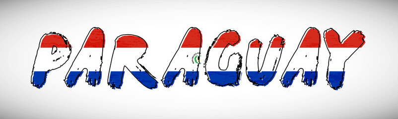 Paraguay flag on text typography. Country name banner strip. Creative typography background - obrazy, fototapety, plakaty