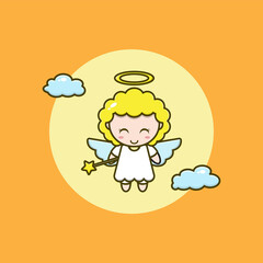 cartoon illustration of a cute angel holding a flying star stick