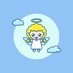 cartoon illustration of a cute angel holding a star and flying