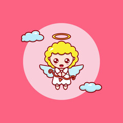 cartoon illustration of a cute angel flying holding a bow and arrow