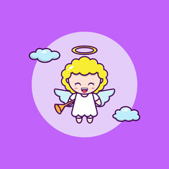 cartoon illustration of cute angel flying with trumpet