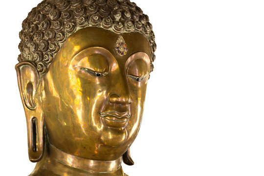 close up golden buddha statue isolated on white background.concept day important buddha .clipping path image.