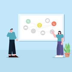 illustration of pitching two employees about ideas, internet, marketplaze, ecommer and data on cloud servers.