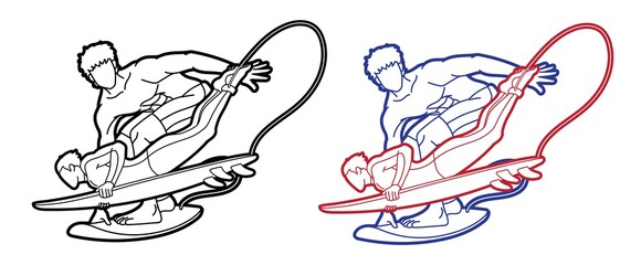 Surfing Sport Surfer Male Players Action Cartoon Graphic Vector