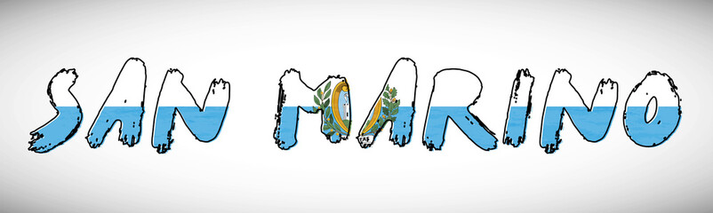 San Marino flag on text typography. Country name banner strip. Creative typography background