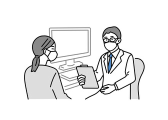 診察をする男性医師　受診する女性