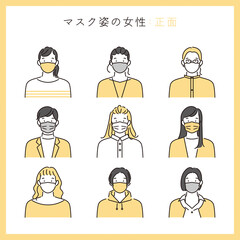 シンプル　イラスト　マスクをする女性