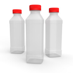 Tres botellas de plástico con tapa roja