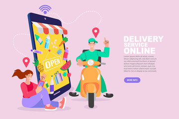Ordering groceries from an online supermarket on a mobile app. A woman makes a purchase, and a courier on a scooter is dispatched for fast, convenient home delivery service.