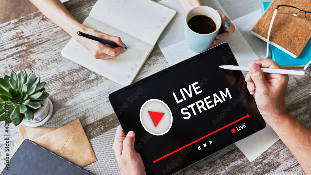 Poster live stream transmit or receive video and audio coverage over the internet. digital marketing and ad