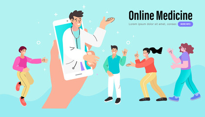 distant online medicine consultation smart medical. Doctors Communicating with Patients through Computer and Mobile Phone. Vector Illustration.