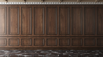Classic luxury empty room with wooden boiserie on the wall. Walnut wood panels, premium cabinet style. 3d illustration