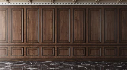 Deurstickers Classic luxury empty room with wooden boiserie on the wall. Walnut wood panels, premium cabinet style. 3d illustration © simone_n