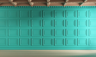 Mint colored classic empty room with boiserie on the wall. 3d illustration