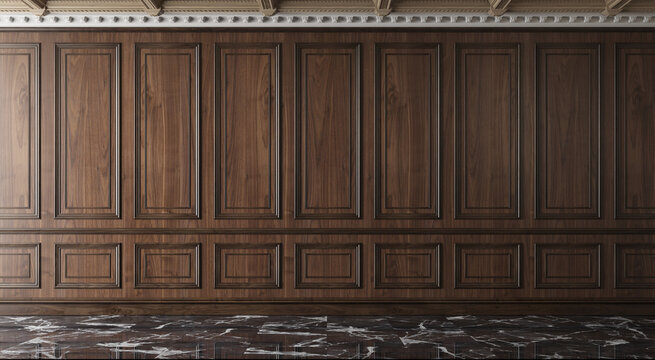 Classic luxury empty room with wooden boiserie on the wall. Walnut wood panels, premium cabinet style. 3d illustration