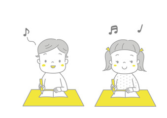 鼻歌を歌いながら楽しそうに勉強している男の子と女の子