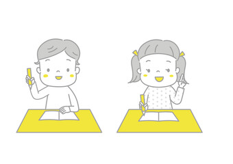 楽しそうに勉強している男の子と女の子　ひらめいた顔