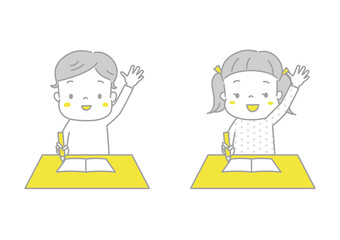 授業中に張り切って手を挙げる男の子と女の子