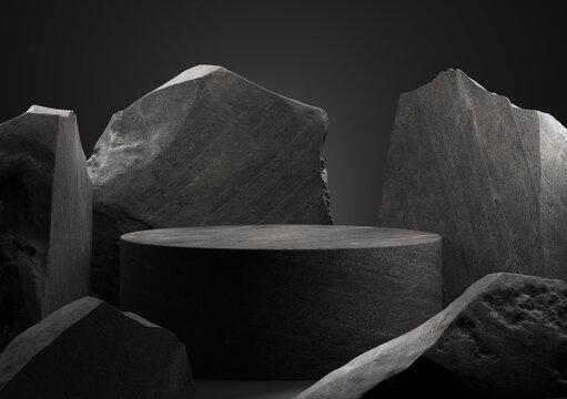 Black stone podium for display product. 3d illustration