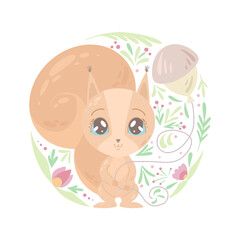 Cute childish illustration of a little lovely squirrel with nut baloon and plant decoration on white background. The baby animal. Vector cartoon flat drawing for a childrens room, stickers and cards.