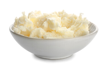 Bowl with shea butter on white background