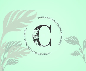 Exotic Letter C Logo with Monstera Plant Leaf Texture Design Logo Icon. Creative Tropical Monstera Plant Alphabetical Nature Logo Template.